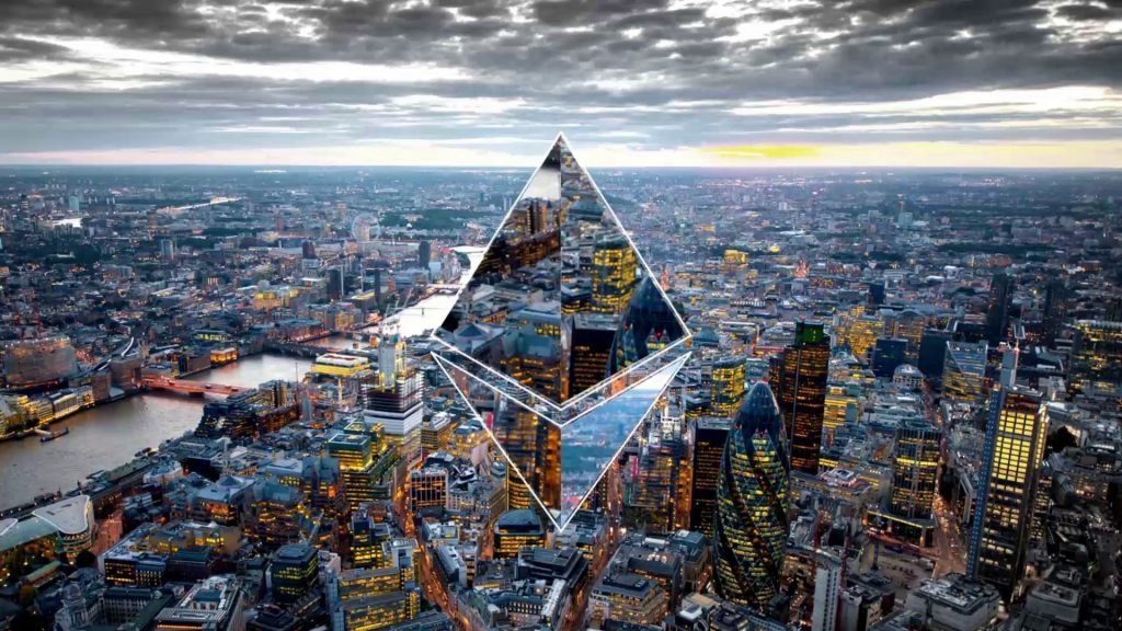 ethereum logo over city landscape