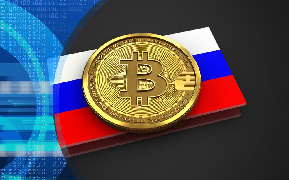 phisycal bitcoin over russia flag