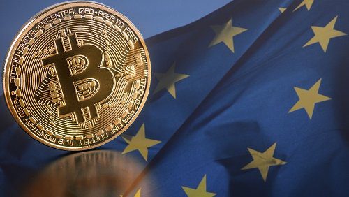 eu flag with phisycal bitcoin
