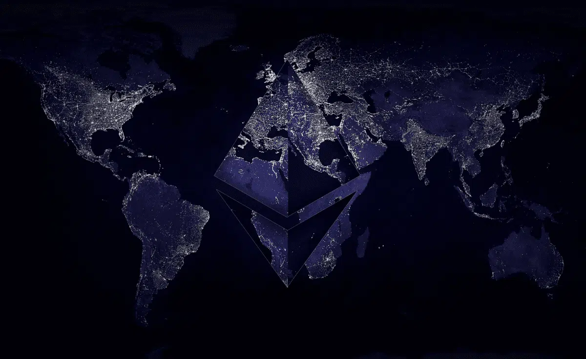 ethereum logo on worldwide map