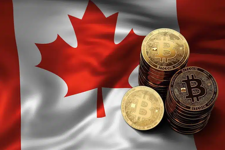 phisycal bitcoins stacked above canada flag Bitcoin in canada