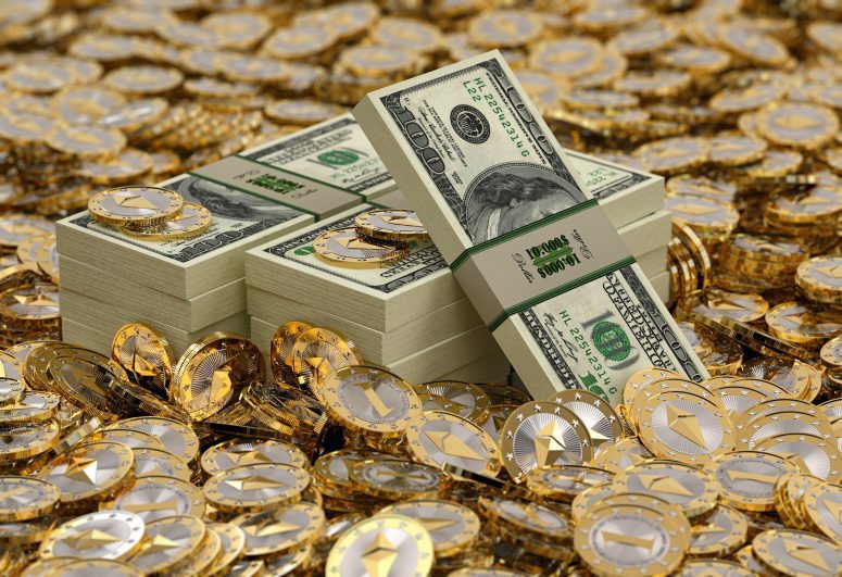 multiple usd bills near ethereum phisycal coins