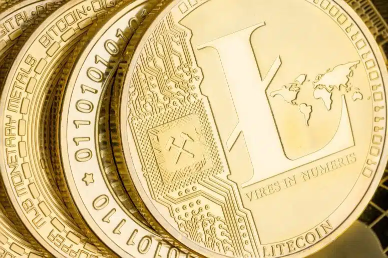 Detail of a gold Litecoin cryptocurrency