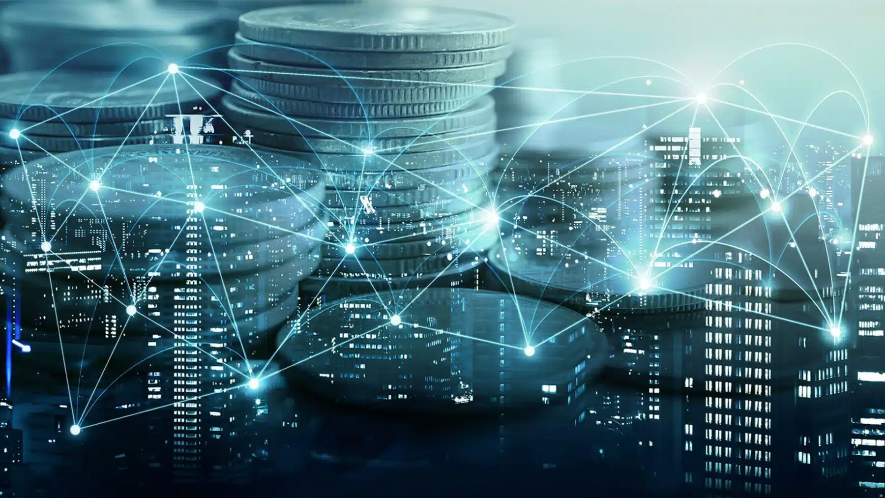 nodes displayed on a city background representing and answering the question of what is DeFi? list of decentralized exchanges nft genesis defiblockchain image representing tokens and synthetic tokens such as wETH