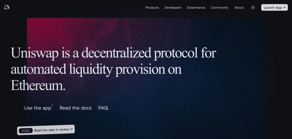 Uniswap official site background that allows us to better understand what is DeFi