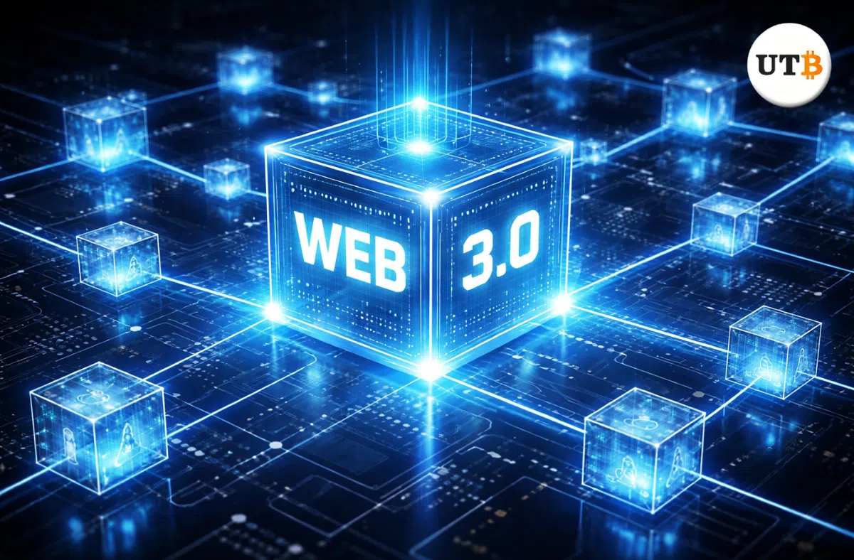 Web 3.0 in a web style design in a bright blue tone.