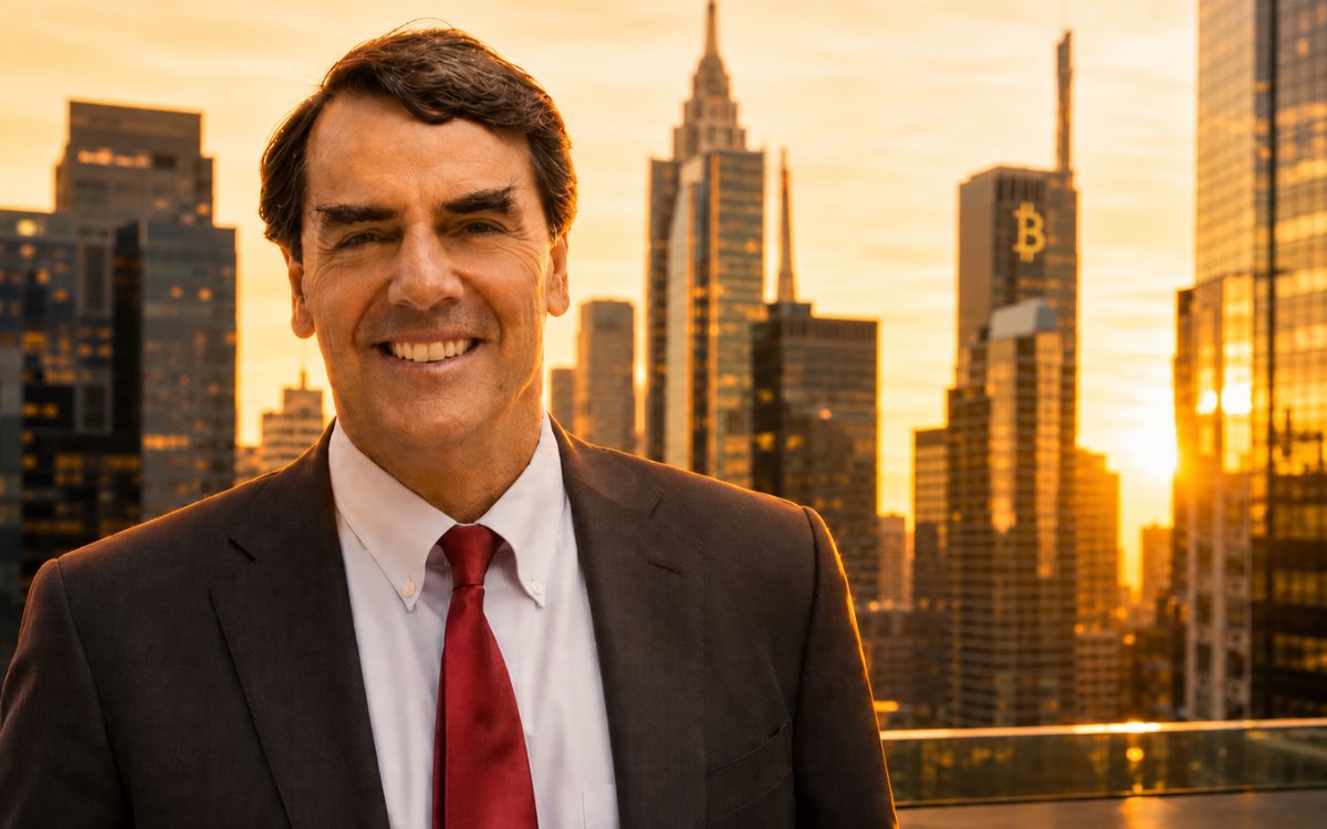 Tim Draper with Bitcoin logo and city skyline at sunset.
