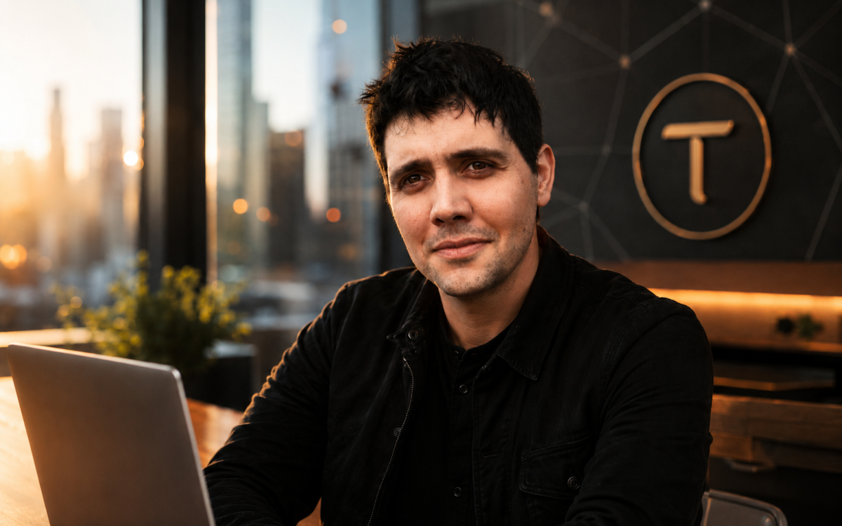 Jacob Robert Steeves in a relaxed workspace with a sunset city view