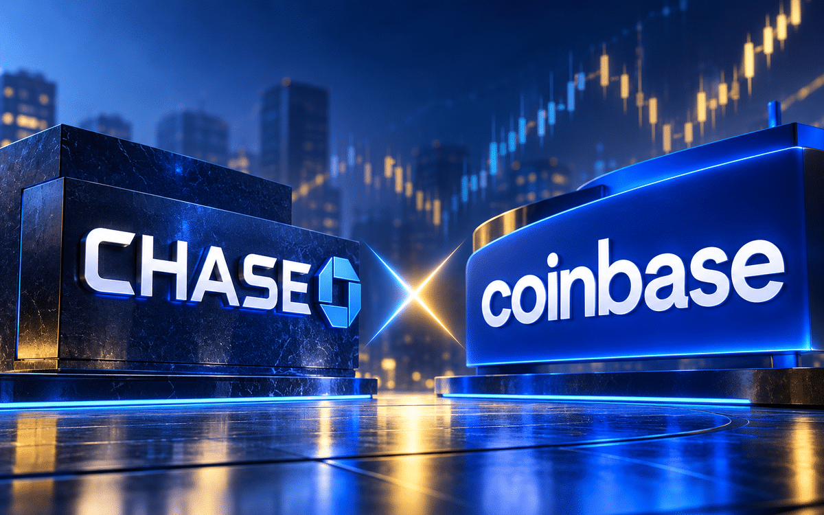 Chase and Coinbase logos displayed against a blue financial market background.