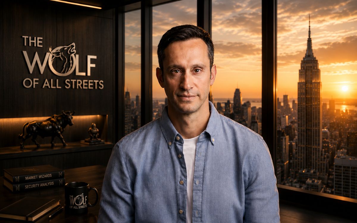 Scott Melker in an office at sunset, with city skyline views
