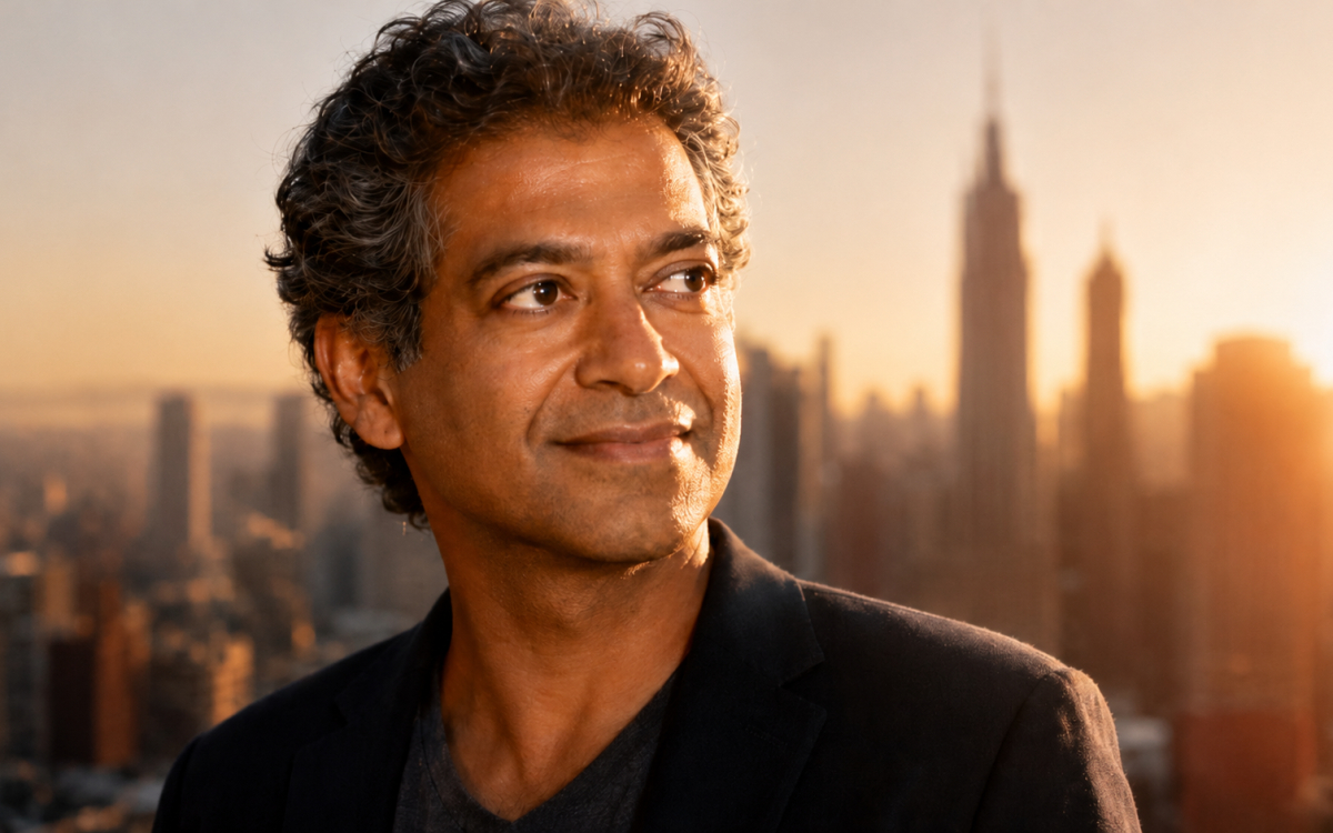 Naval Ravikant against a golden city skyline.