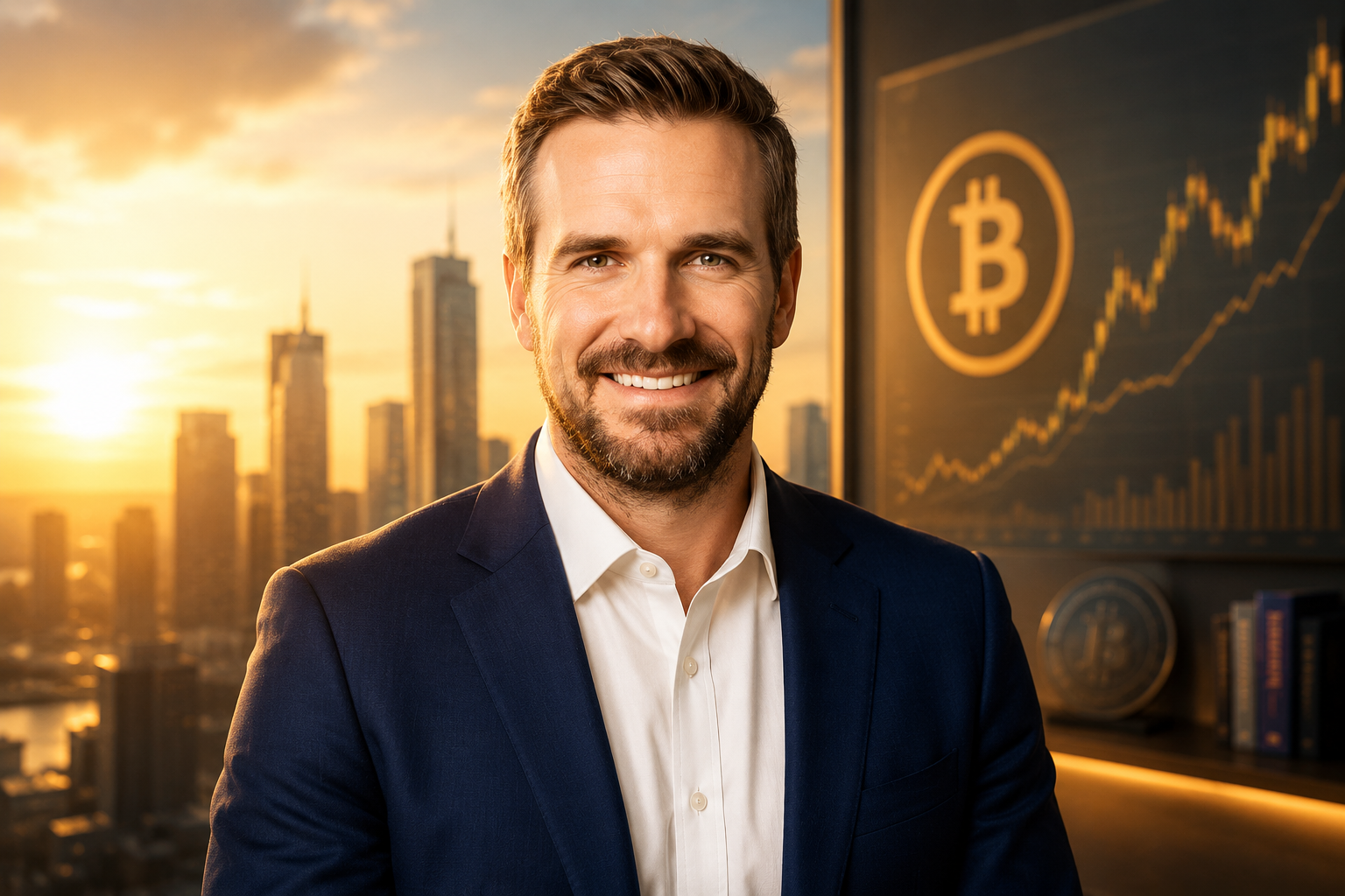 Portrait of Preston Pysh in a suit with a golden-hour city skyline and Bitcoin market chart backdrop.