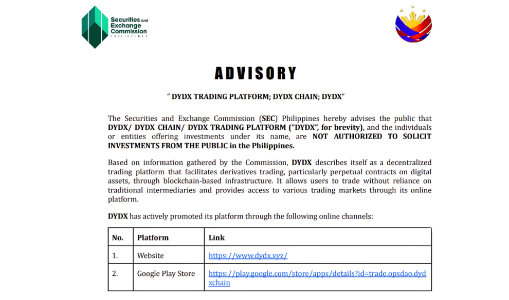 A Photo for Article: SEC flags dYdX and other decentralized exchanges for unlicensed operations in the Philippines.