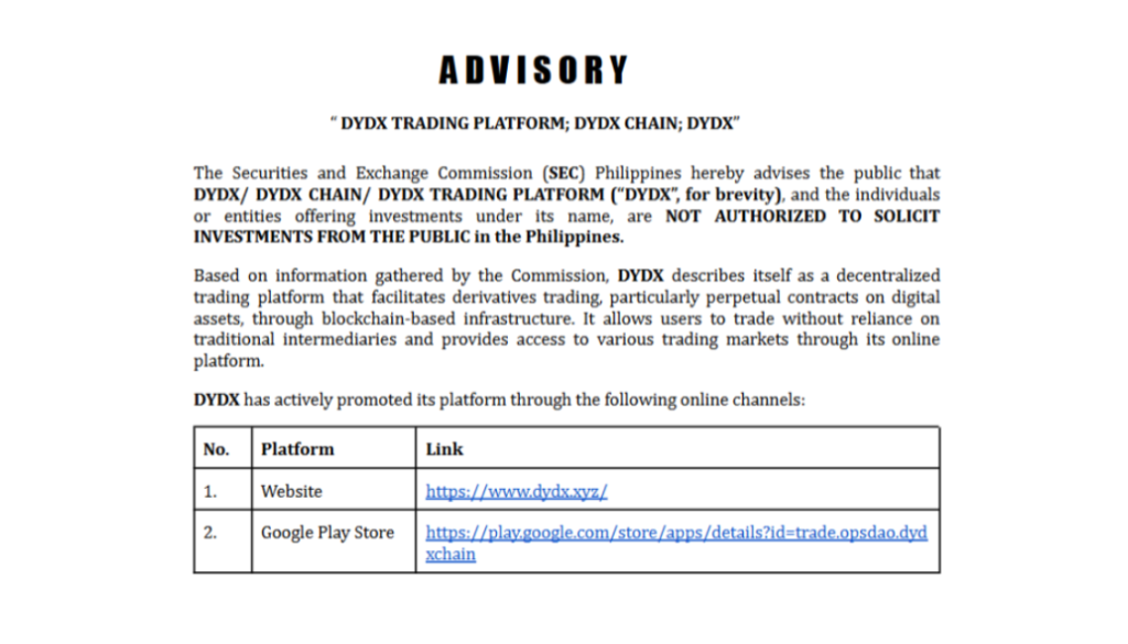 A Photo for Article: SEC flags dYdX and other decentralized exchanges for unlicensed operations in the Philippines.