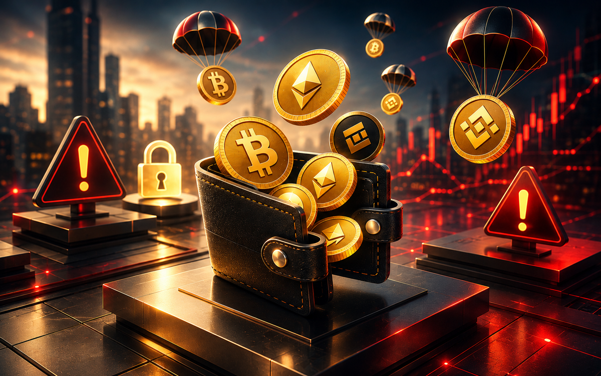 Crypto wallet with parachuting coins, security warnings, and a premium gold-and-black fintech backdrop, symbolizing crypto airdrops.