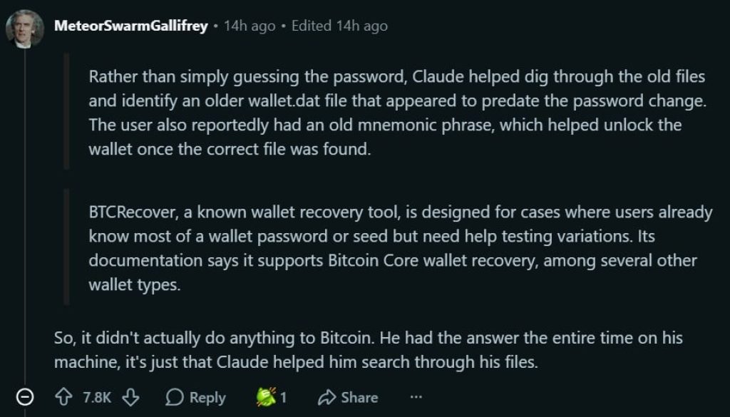Claude AI Helps Unlock Forgotten Bitcoin Wallet 1 https://usethebitcoin.com/wp-content/uploads/2026/05/Claude-AI-Helps-Unlock-Forgotten-Bitcoin-Wallet.png UseTheBitcoin Bitcoin Wallet Discussion in Reddit
