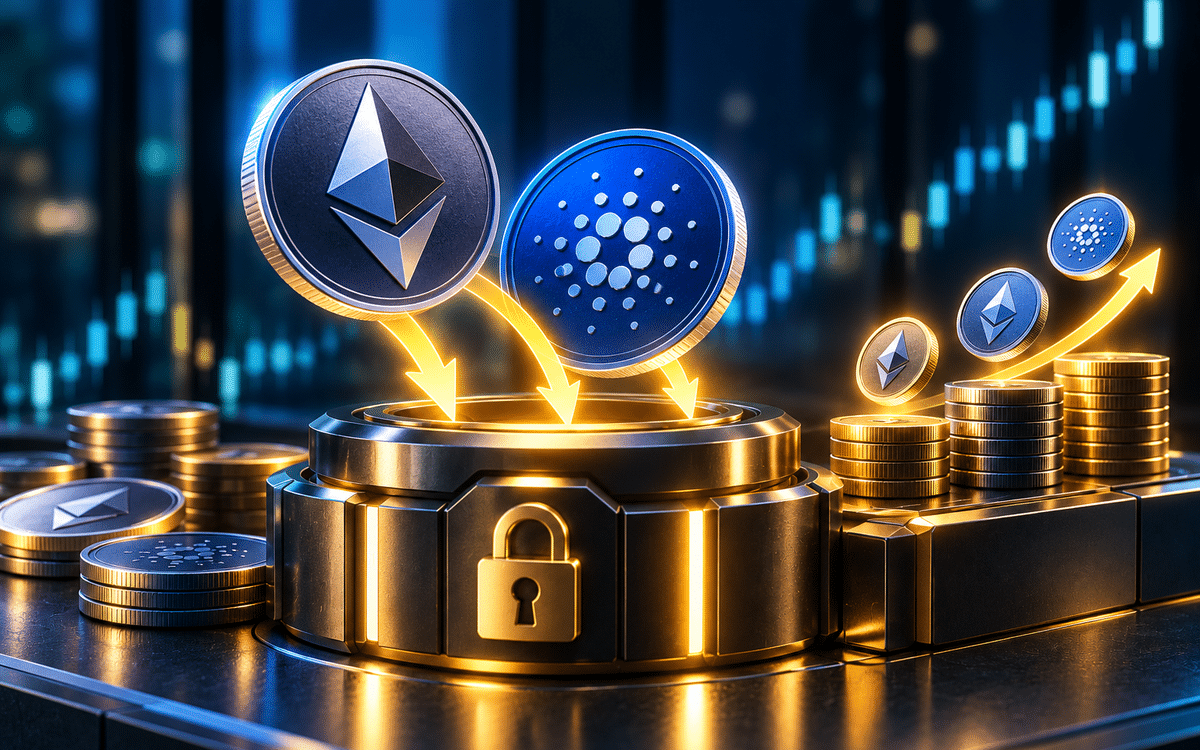 Ethereum and Cardano coins being staked in a secure vault with rising reward stacks, concept of crypto staking.
