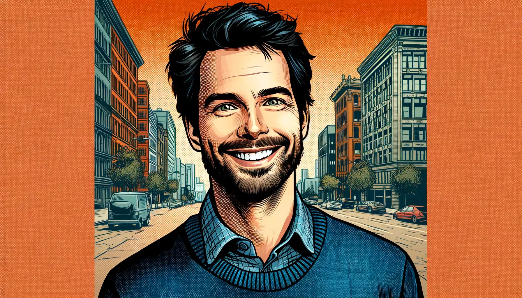 DALL·E 2024 02 23 02.53.28 A digital portrait in a comic book style of a man with a welcoming smile based on the provided photo. The man has dark hair a beard and a joyful