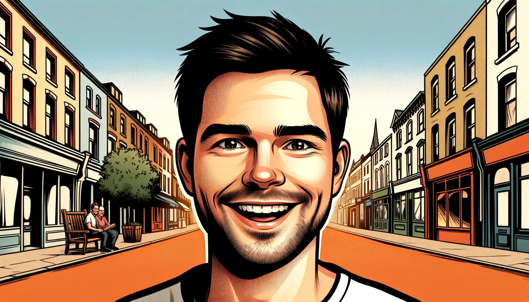 DALL·E 2024 02 23 02.53.57 A digital portrait in a comic book style of a cheerful average looking man with a slightly chubbier build based on the provided photo. The man has a