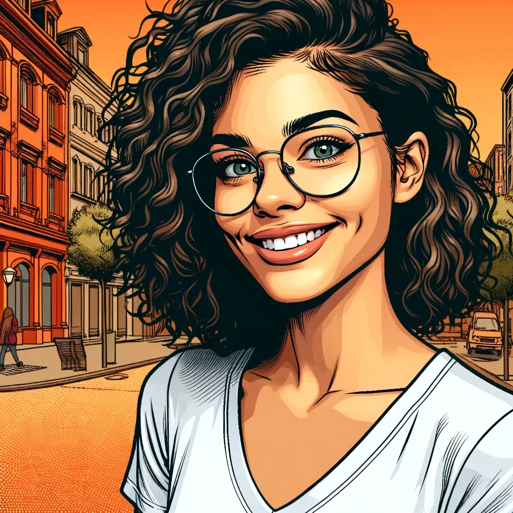 DALL·E 2024 02 23 04.32.30 A digital portrait in a comic book style of a young woman with curly hair and glasses based on the provided photo. She has a bright smile and is wear