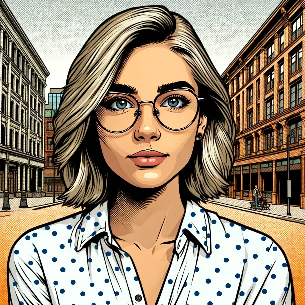 DALL·E 2024 02 23 05.07.06 A digital portrait in a comic book style of an average looking young woman with plain features based on the provided photo. Her blonde hair is styled