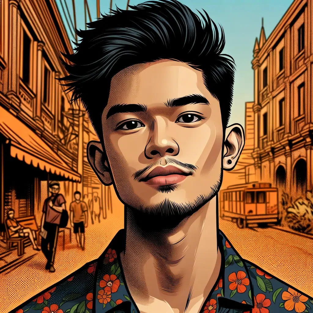 DALL·E 2024 02 23 05.22.56 A digital portrait in a comic book style of a Filipino man with a less refined look based on the provided photo. He has an edgy hairstyle and is wear