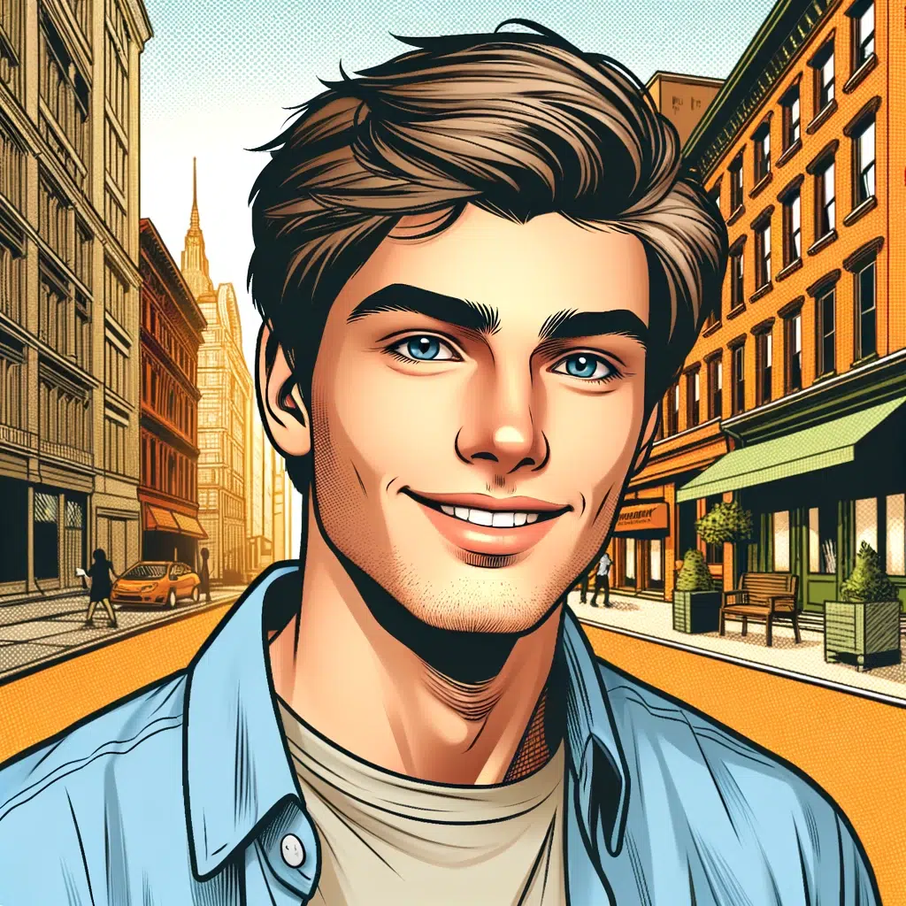 DALL·E 2024 02 23 05.32.52 A digital portrait in a comic book style of a young Caucasian man with a friendly smile based on the provided photo. He has light brown hair and is w