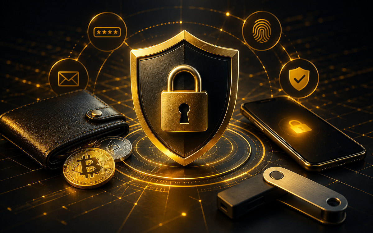Security shield with cryptocurrency wallet, smartphone, and hardware wallet.
