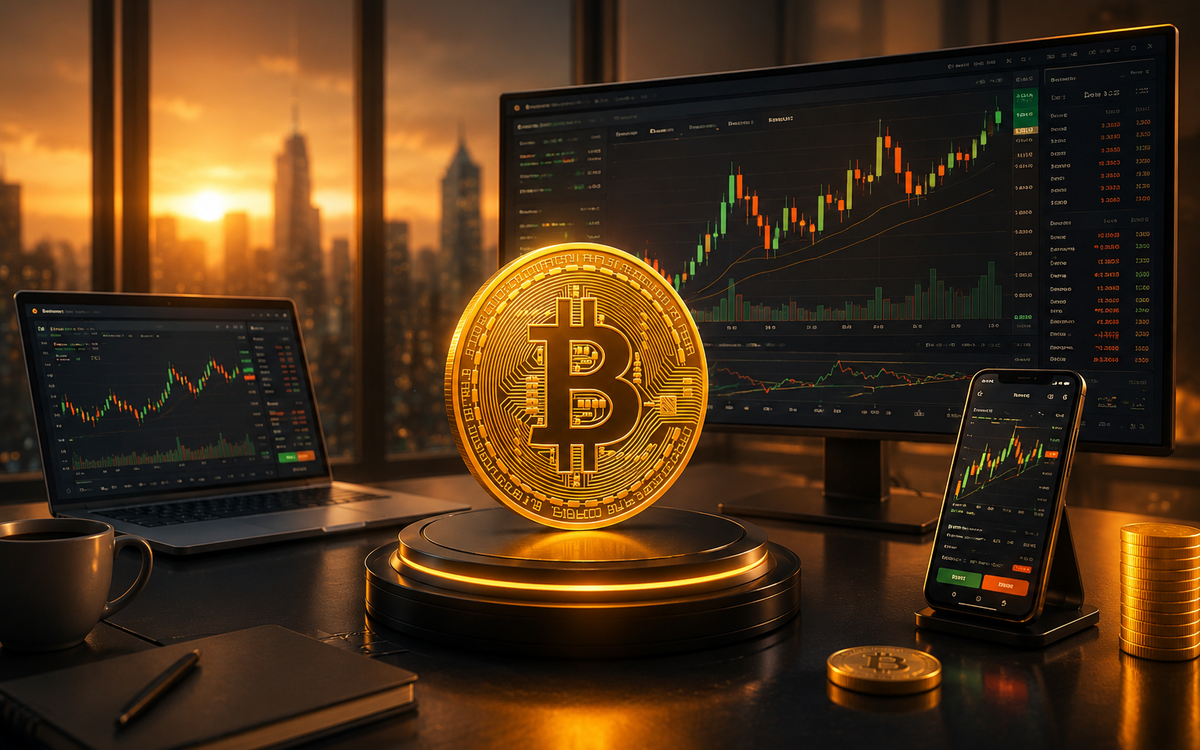 Bitcoin coin displayed on a trading desk with market charts.