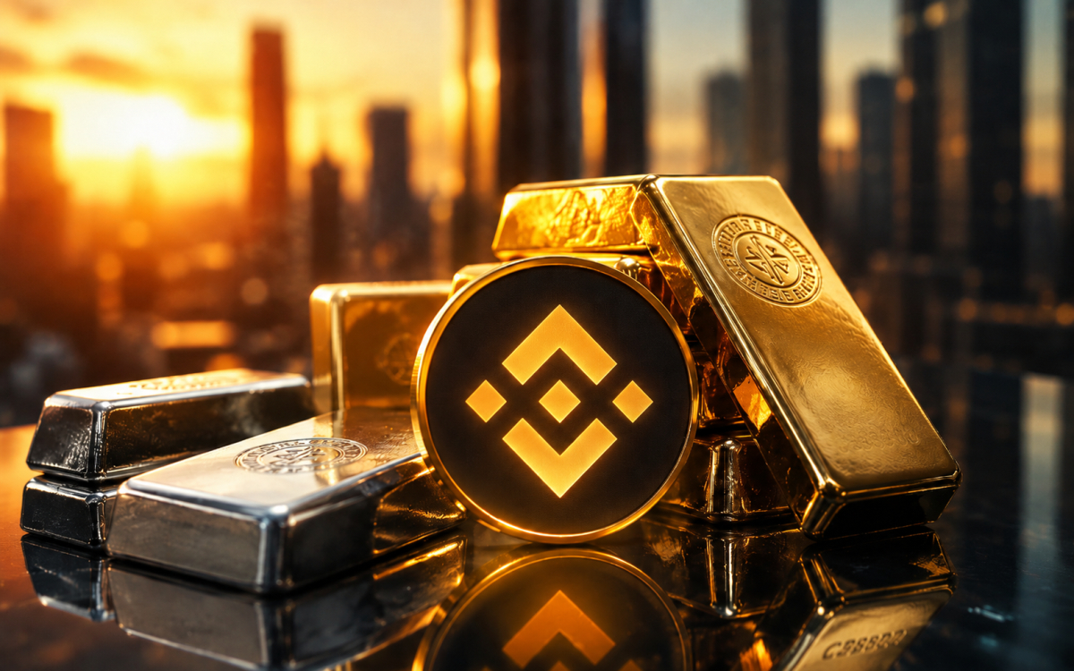 Binance displayed in front of stacked gold and silver bars against a warm golden city skyline