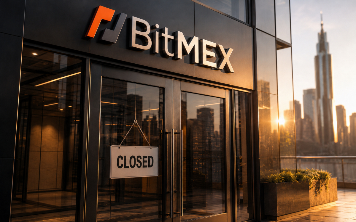 BitMEX office entrance with a closed sign on the glass door, lit by warm golden-hour sunlight against a modern city skyline.