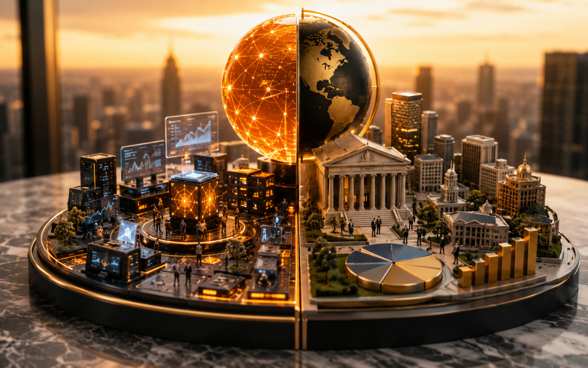 Miniature diorama comparing crypto index funds and traditional index funds in a split financial city scene.