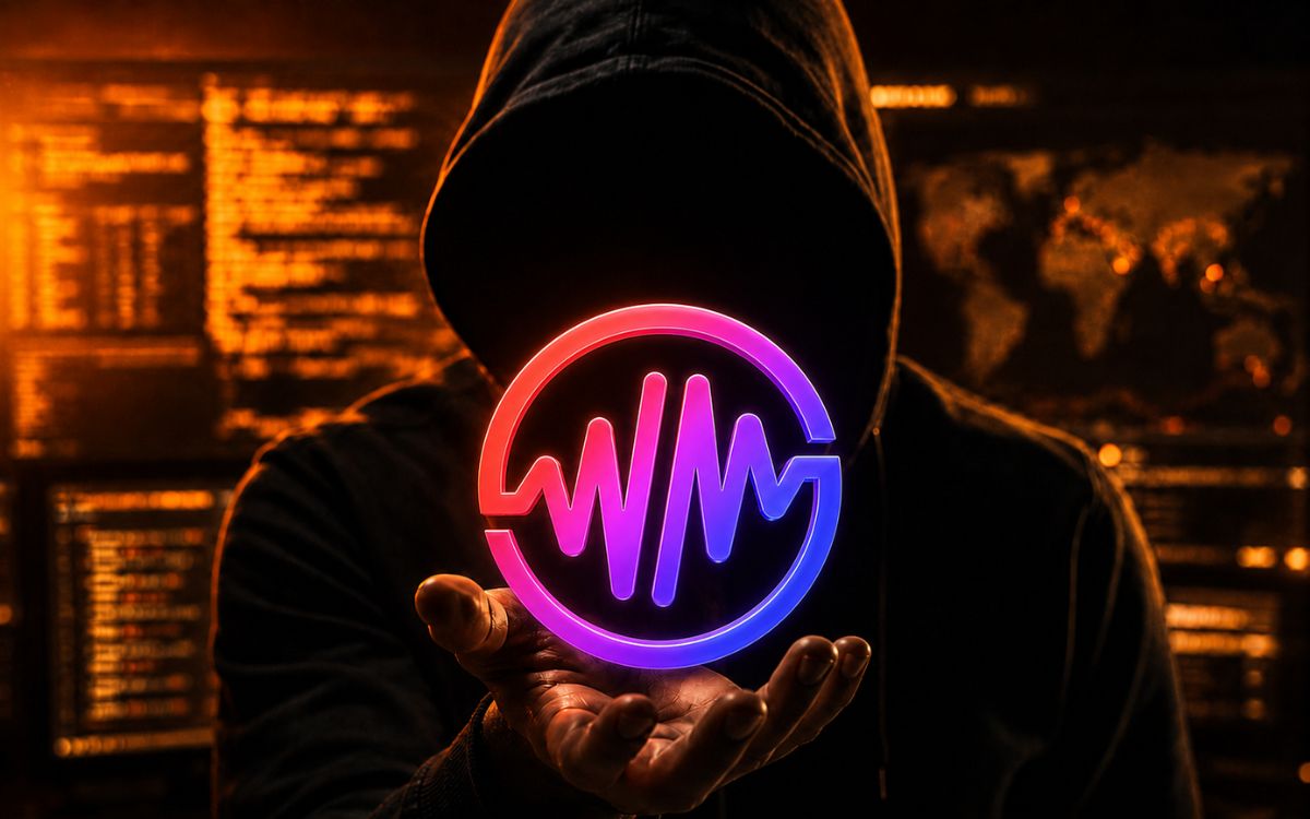 Hooded figure holding a WEMIX logo against an orange digital backdrop.