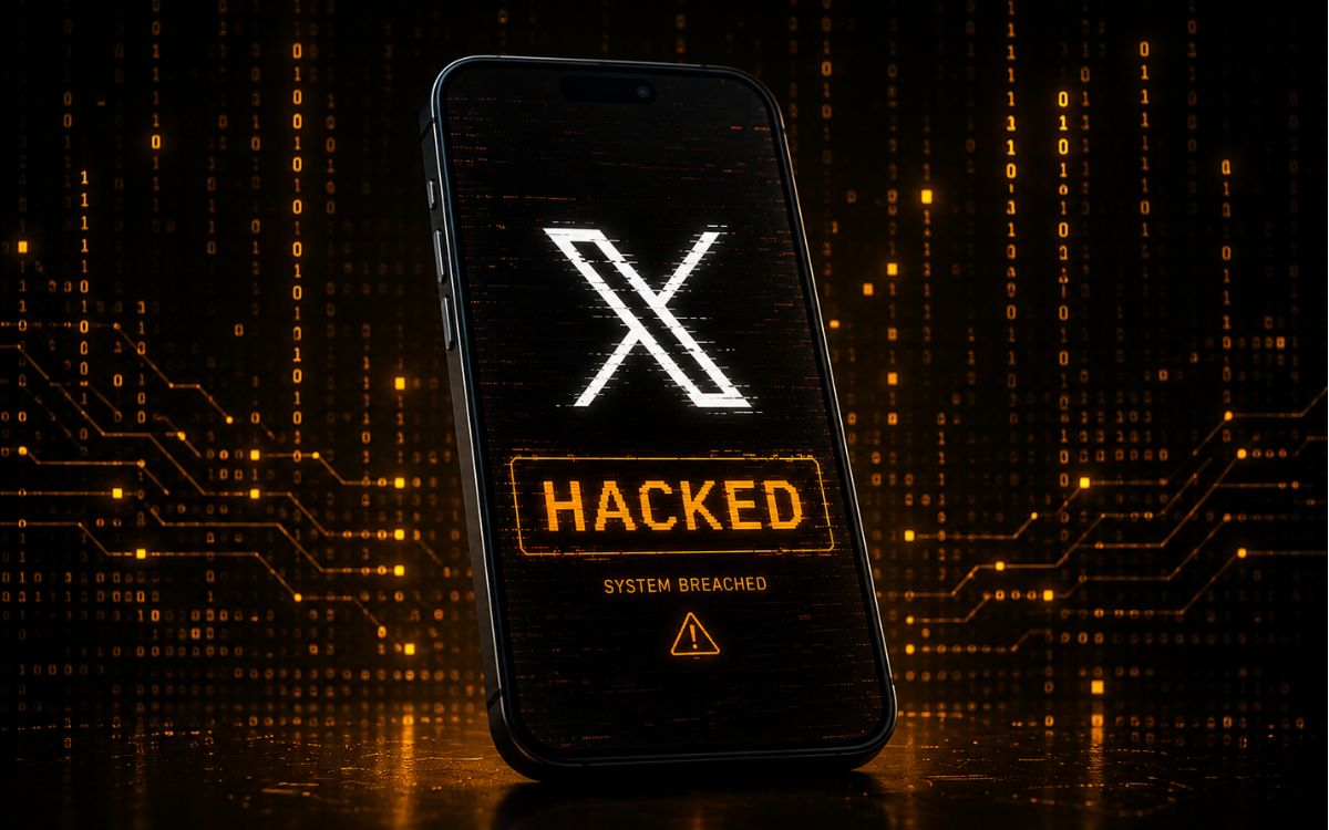 Phone displaying the X logo and a hacked warning against a dark binary background.