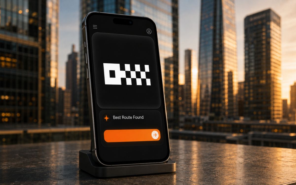 OKX phone against a city skyline at golden hour.