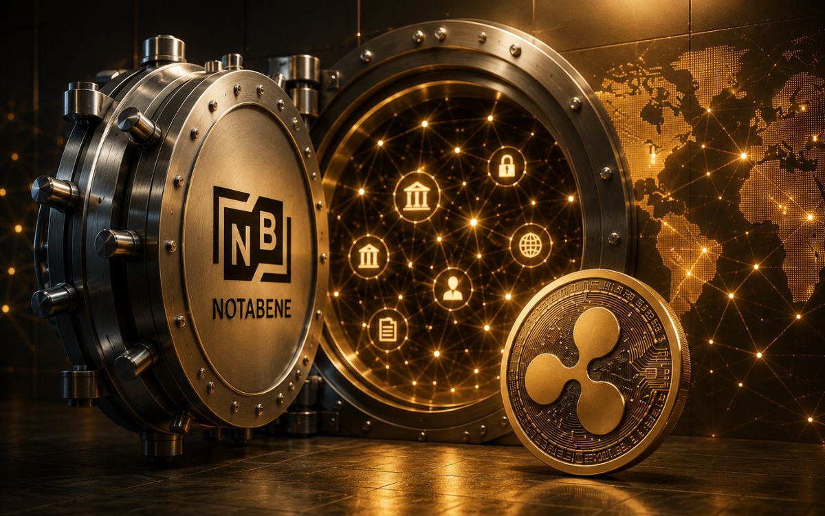 Notaben vault with a Ripple coin and glowing compliance network.