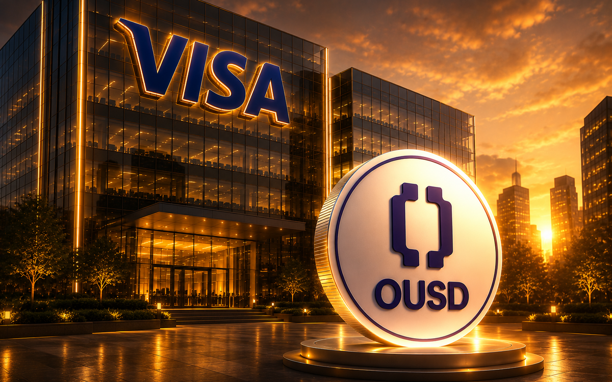 Visa headquarters with a prominent OUSD stablecoin in a golden-hour cityscape.