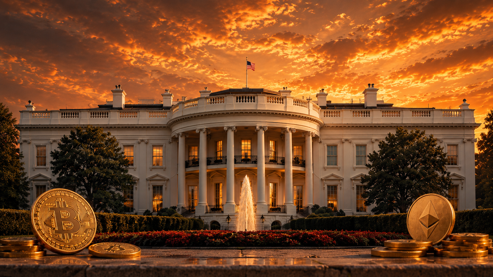 White House with Bitcoin and Ethereum coins at sunset.