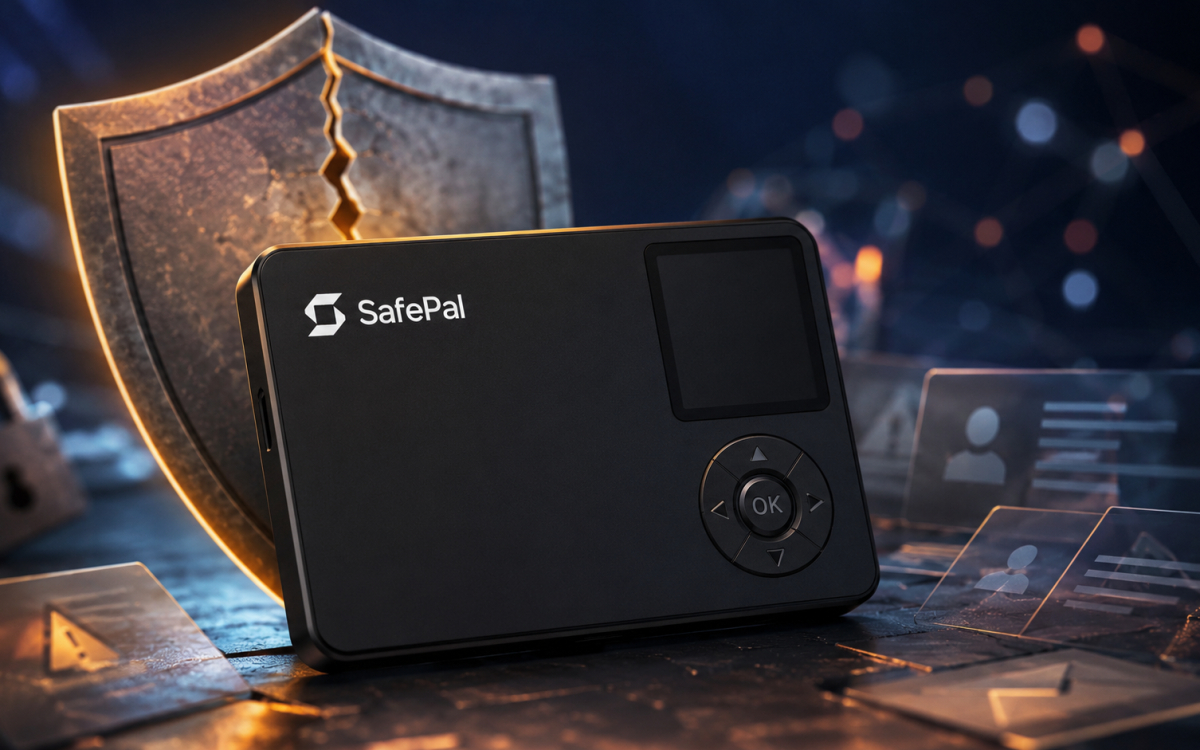 Close-up shot the SafePal hardware wallet in the foreground with a cracked shield behind it