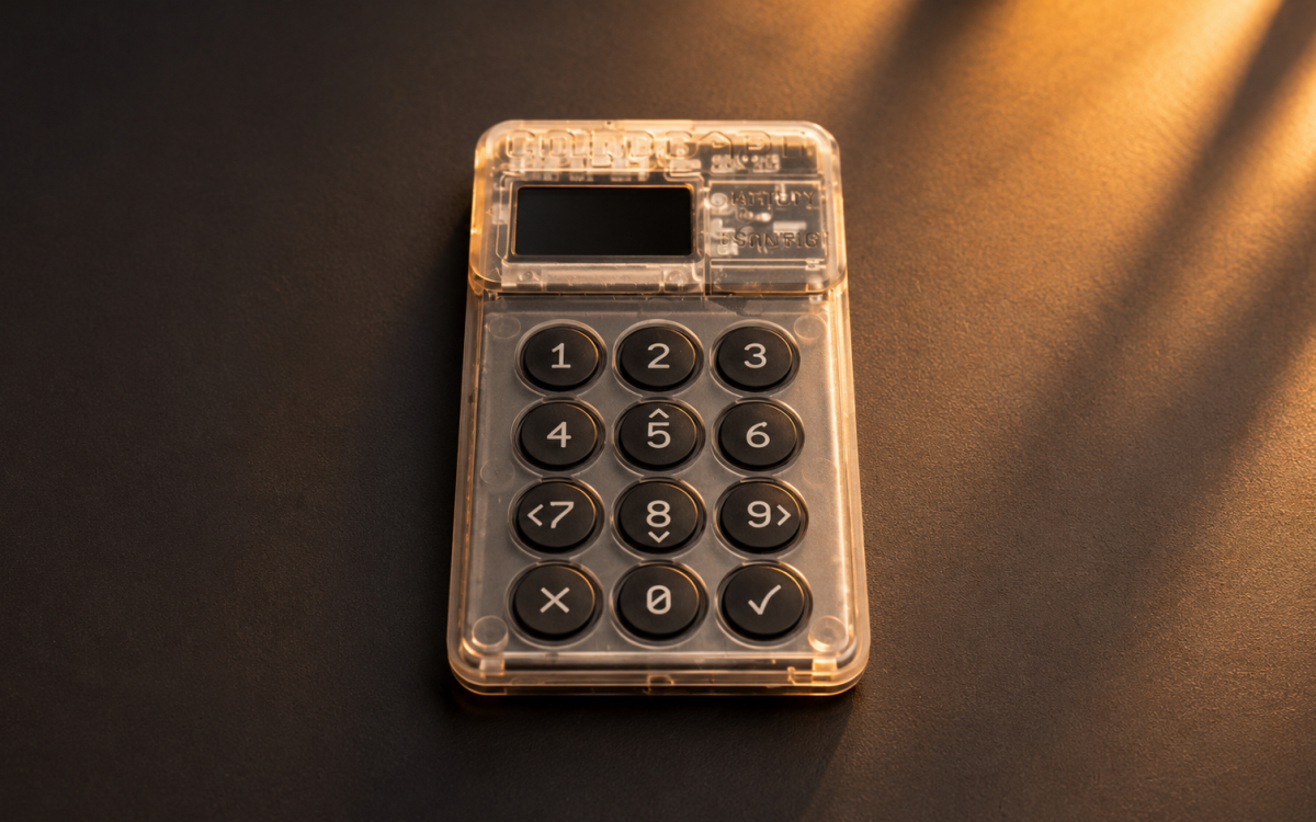 Coldcard hardware wallet lying flat on a dark surface under warm golden light