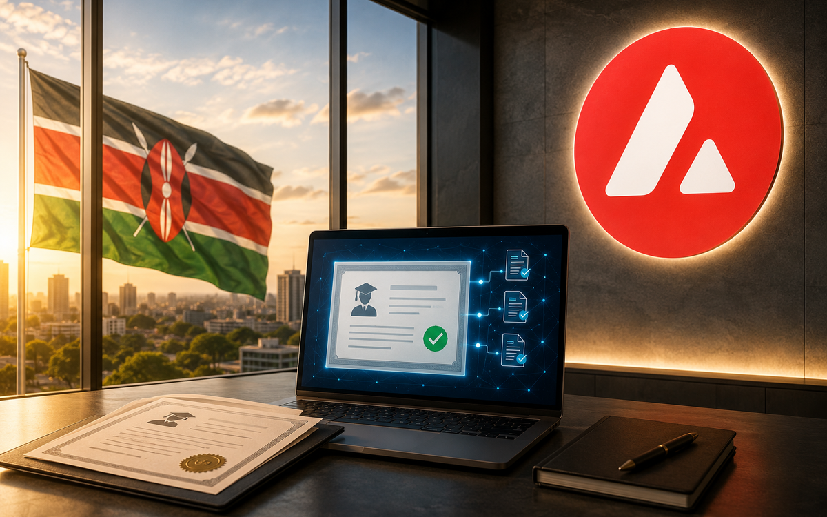 Avalanche logo in a modern office with digital academic certificate verification and a Kenyan flag outside a large window.