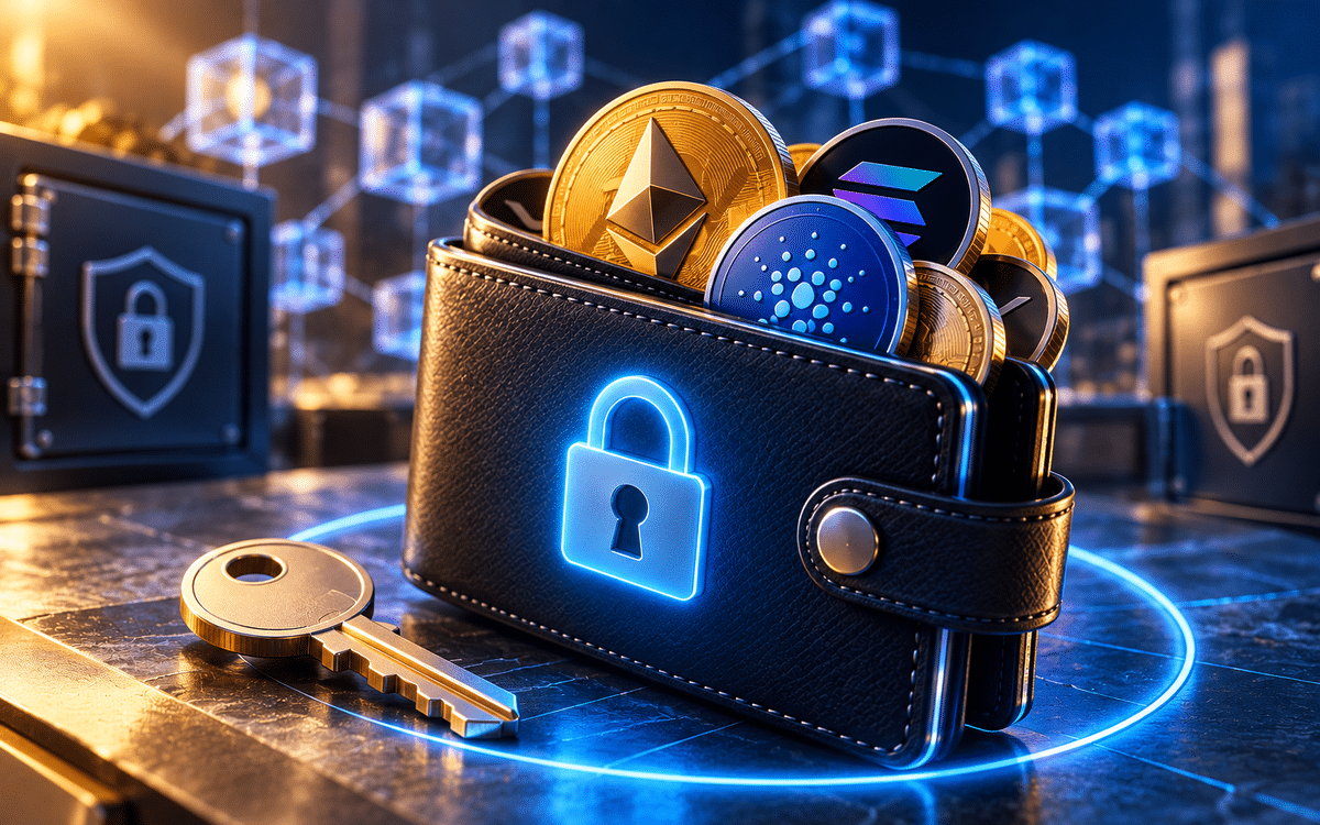Self-custodial crypto wallet secured with a lock and surrounded by cryptocurrency coins.