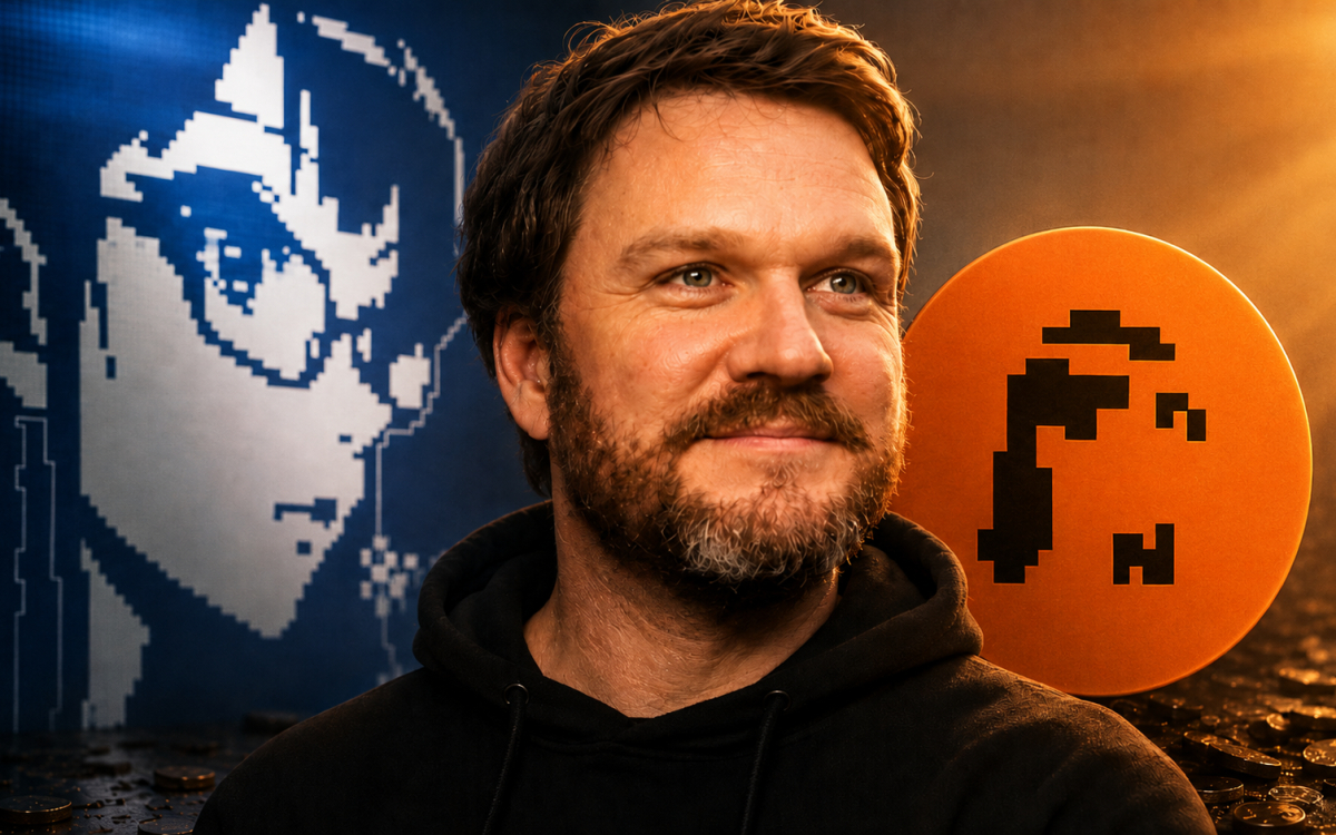Shaw Walters pictured between Eliza Labs’ pixel-art character and an orange ElizaOS token