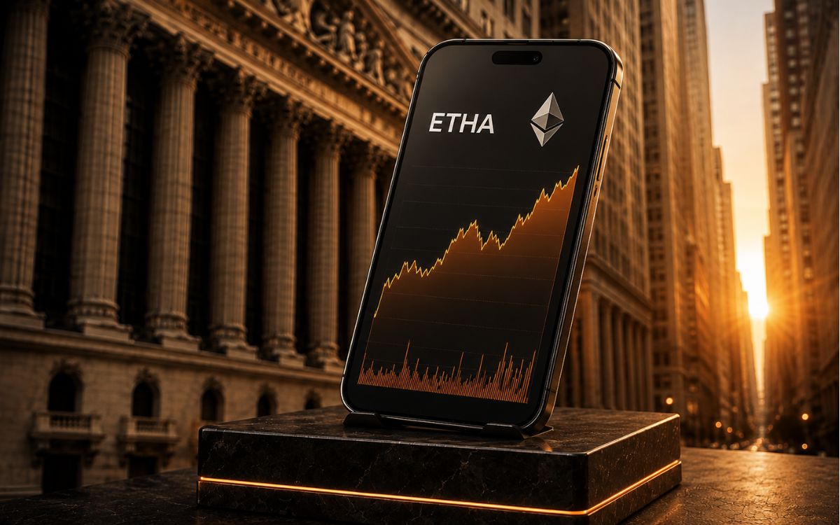 Smartphone displaying ETHA market data against a sunset-lit financial district.