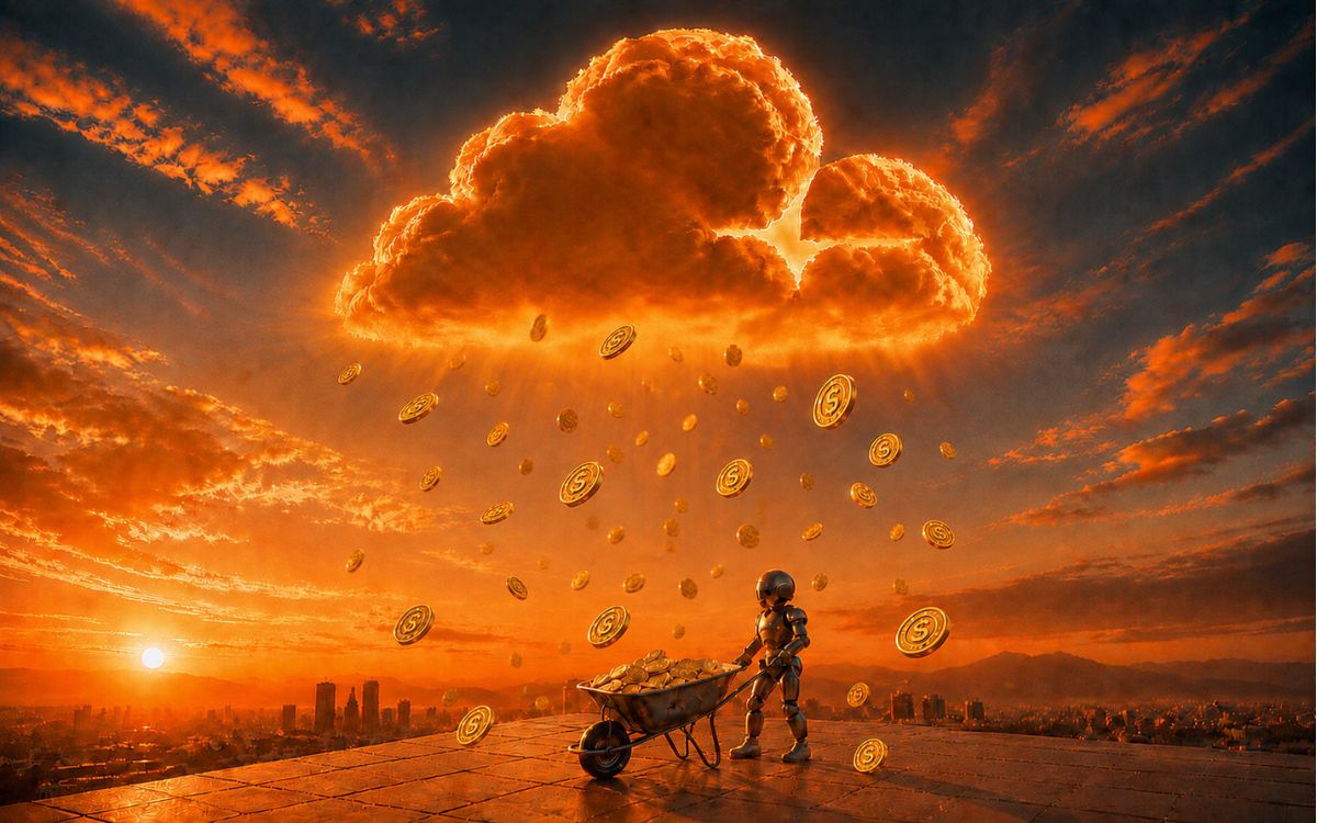 Gold stablecoins raining from a Cloudflare-shaped cloud toward an AI robot’s wheelbarrow.