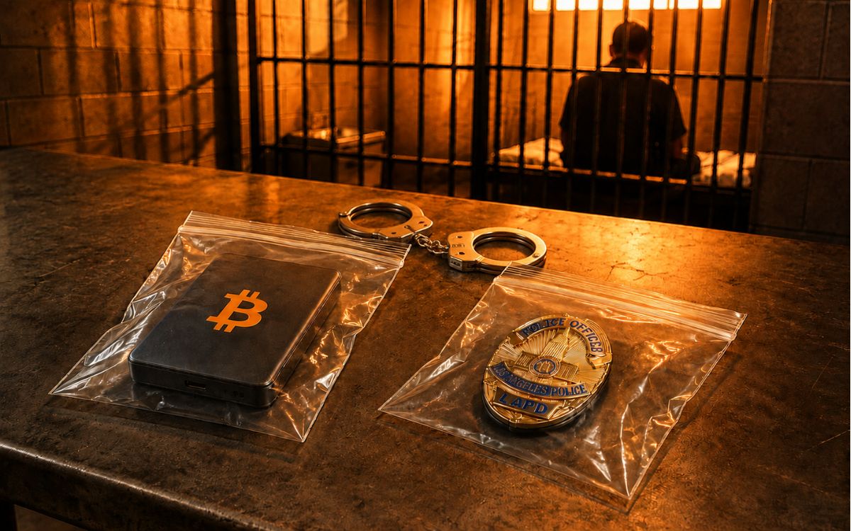 Handcuffs and sealed evidence bags on a table, with a jailed silhouette in the background.