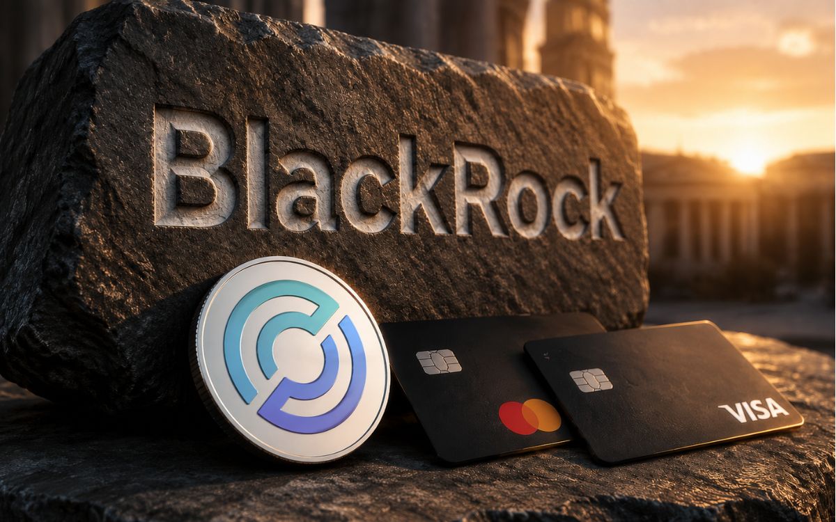 BlackRock stone, Circle coin, Mastercard, and Visa arranged together.