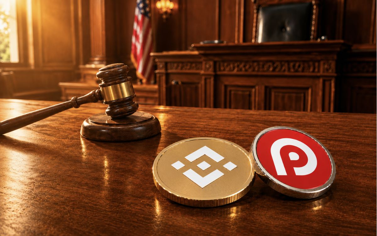 Courtroom gavel beside Binance and RedotPay coins.