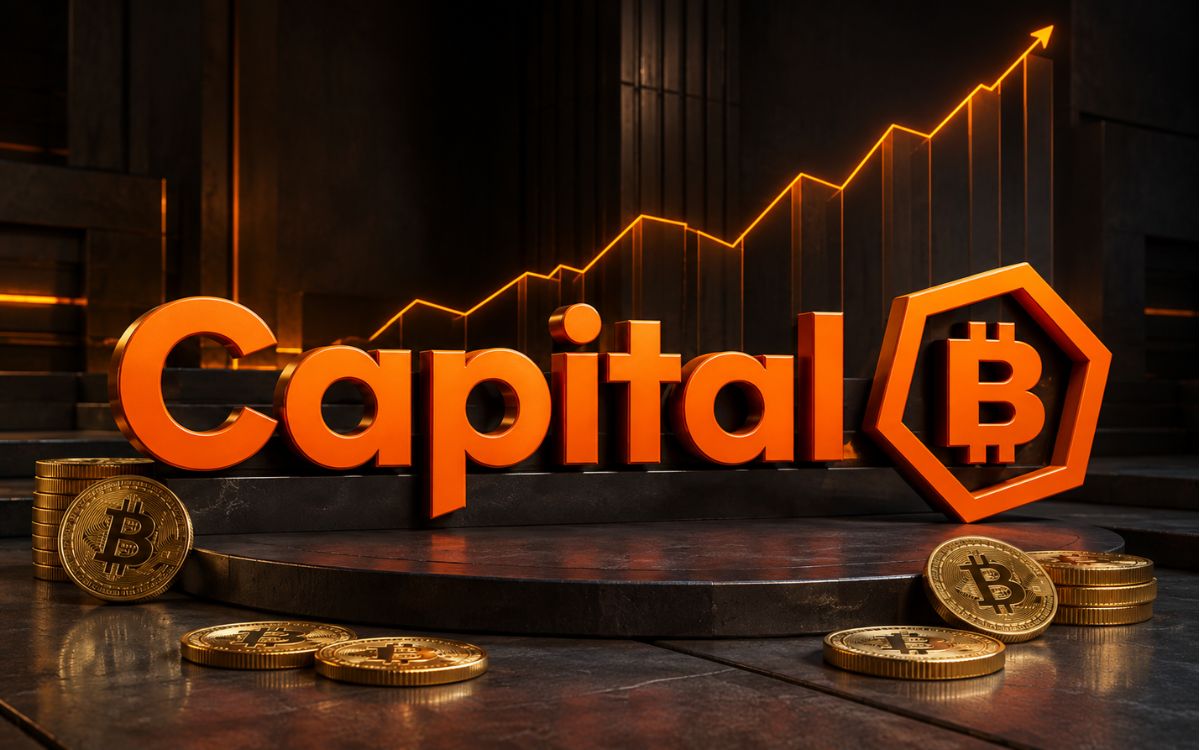 3D Capital B logo with rising chart and Bitcoin coins.