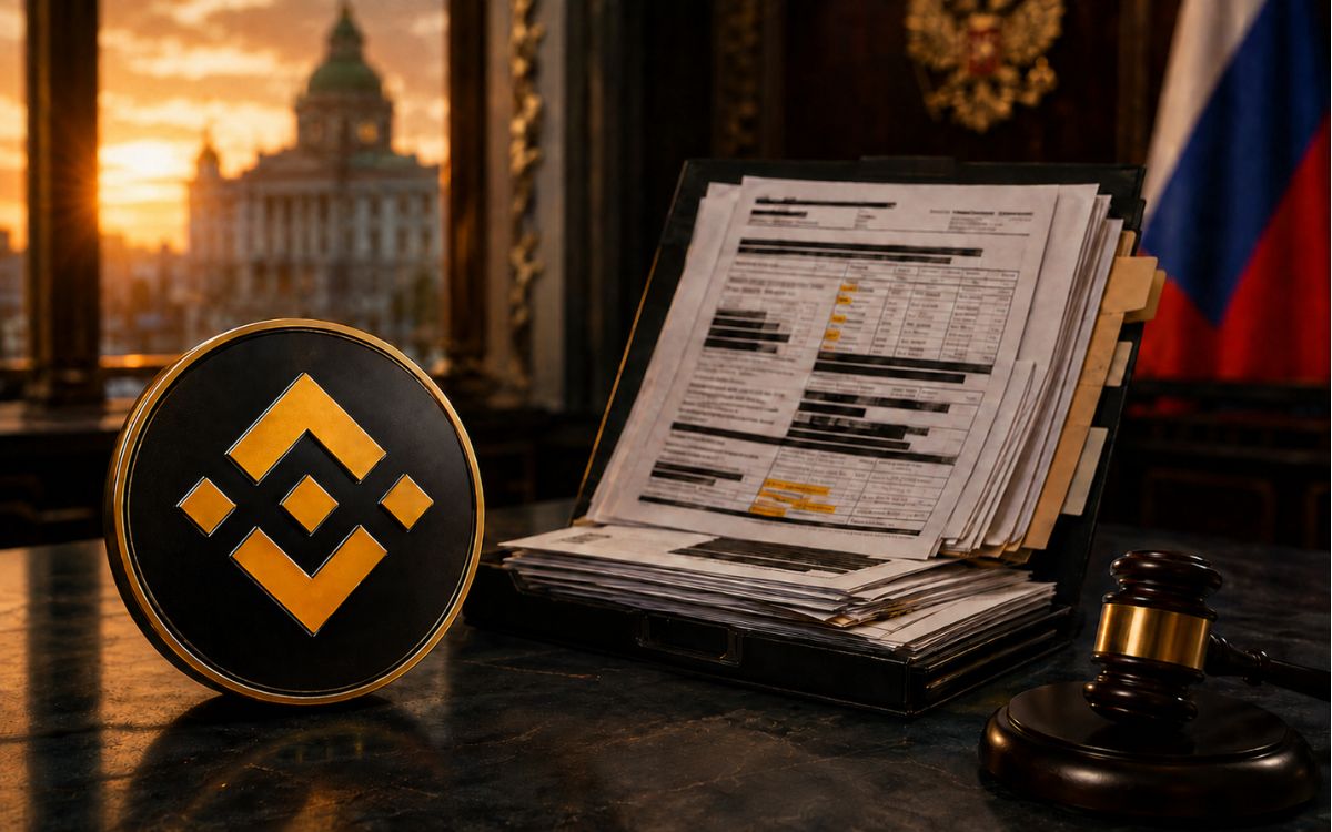 3D Binance logo beside Russian legal documents and a judge’s gavel.